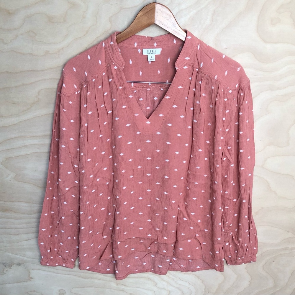 Ana V Neck Long Sleeve Bright Peach Blouse White Diamonds Womens Size M.